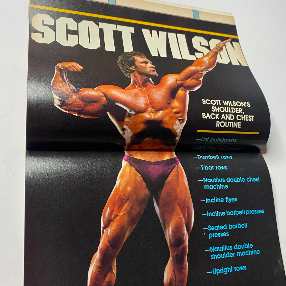 Scott Wilson showcasing his impressive physique in a shoulder, back, and chest workout routine from the Muscular Development Magazine August 1985 centerfold.