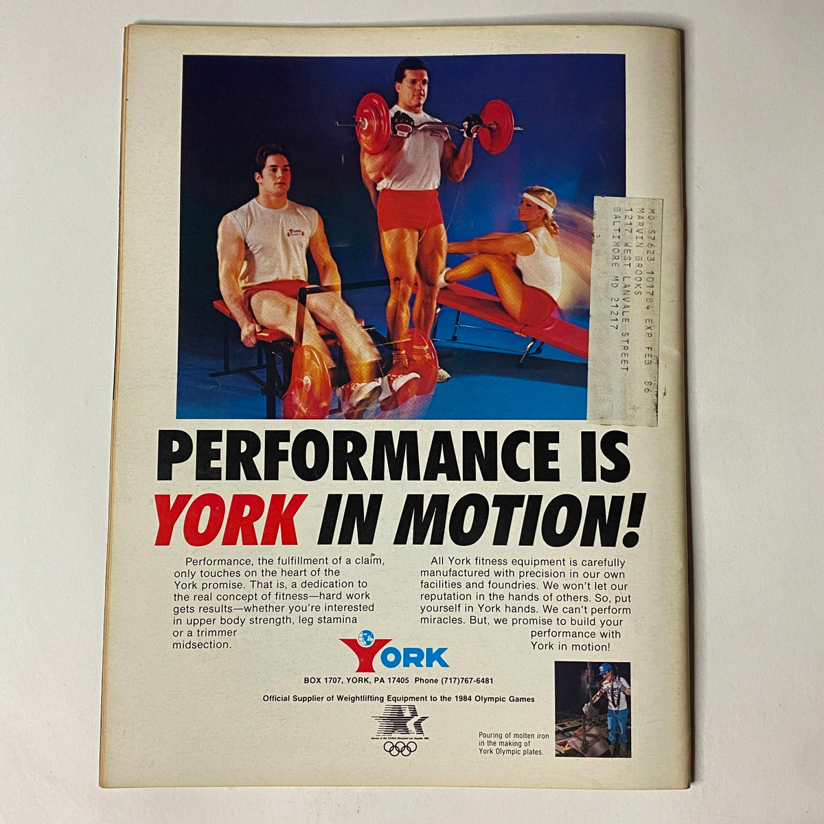 Vintage advertisement for York fitness equipment from the Muscular Development Magazine August 1985, emphasizing performance and strength training.
