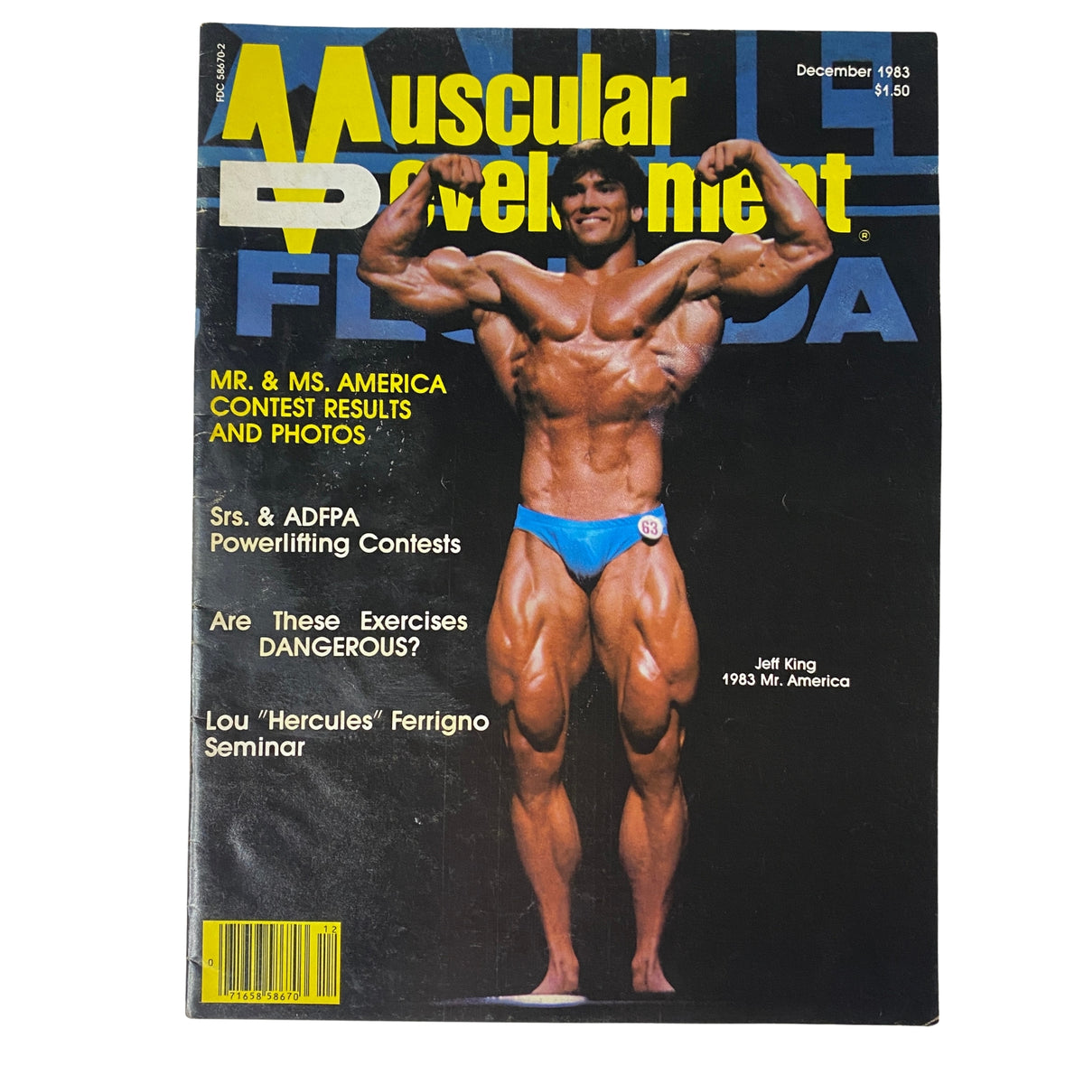 Cover of Muscular Development Magazine December 1983 featuring Jeff King, 1983 Mr. America, showcasing bodybuilding aesthetics.