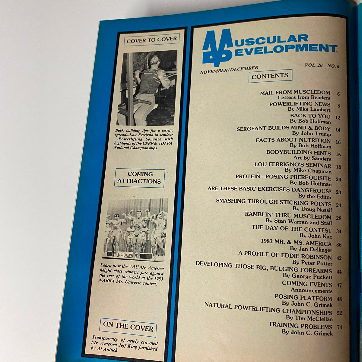 Interior page of Muscular Development Magazine December 1983 displaying the table of contents with articles related to bodybuilding and fitness.