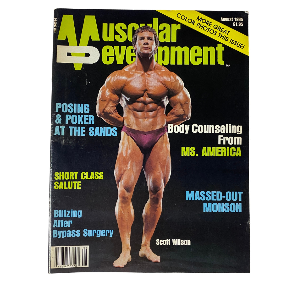 Cover of Muscular Development Magazine, August 1985, featuring Scott Wilson in a bodybuilding pose, with headlines about body counseling, a short class salute, and massed-out Monson.