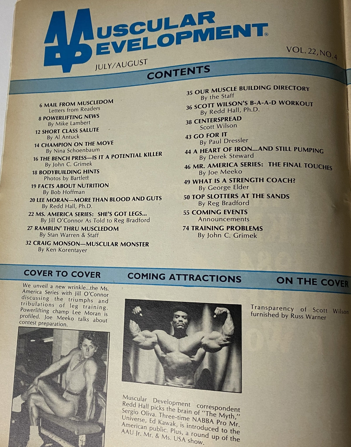 Table of contents page from Muscular Development Magazine, July/August 1985, highlighting articles and features including insights from bodybuilders and training advice.