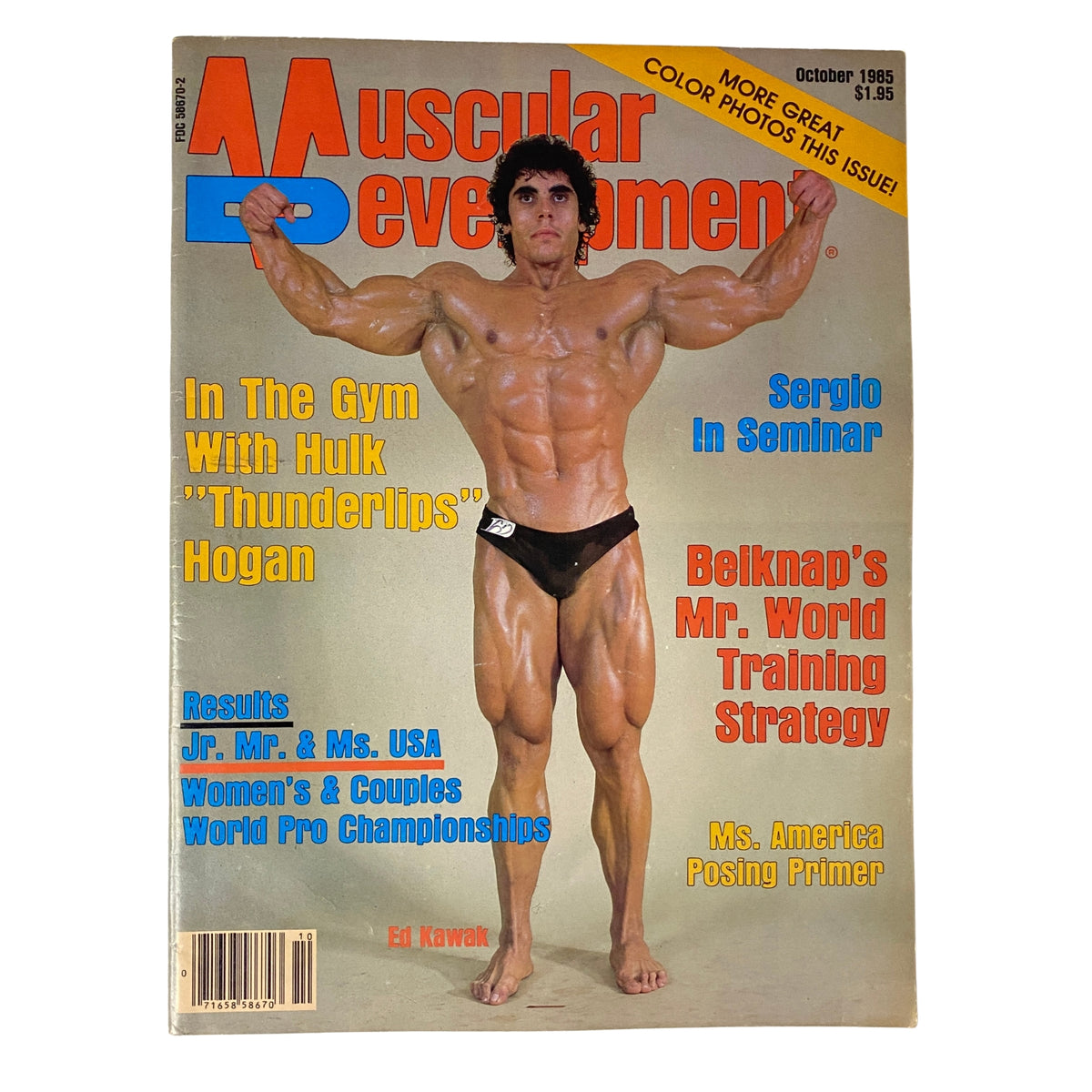 Cover of Muscular Development Magazine, October 1985, featuring Edouard Kawak, showcasing bodybuilding highlights and articles on fitness.