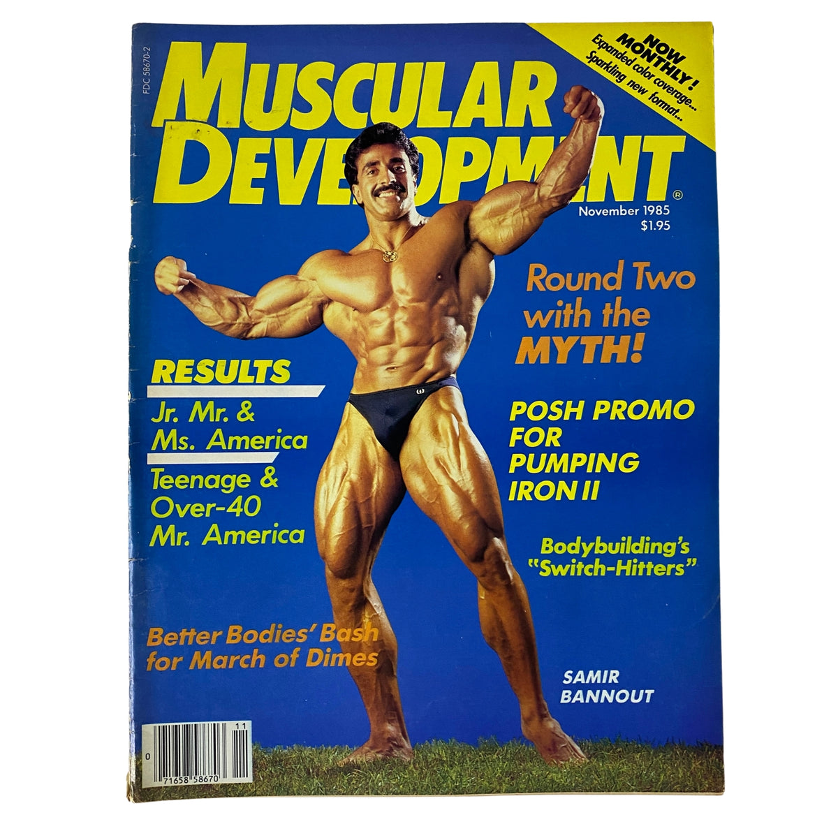 Muscular Development Magazine November 1985 cover featuring bodybuilder Samir Bannout in a classic pose, showcasing his muscular physique. This issue is Vol. 22 No. 6 with themes of bodybuilding and fitness.