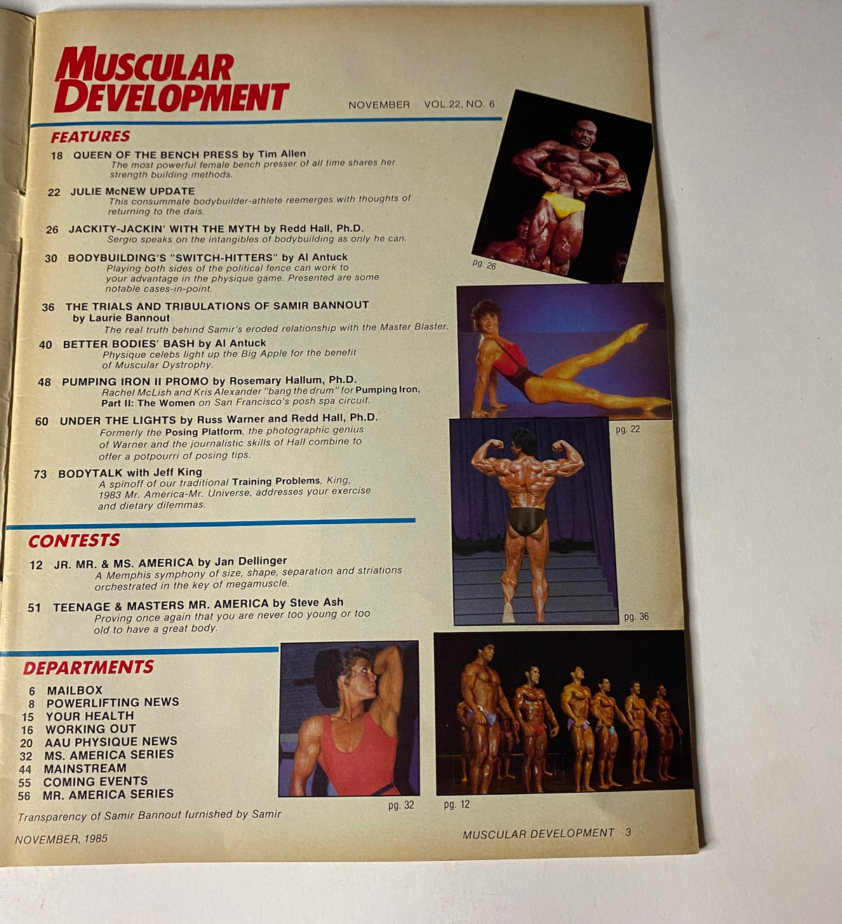 Table of contents page from the November 1985 issue of Muscular Development Magazine, Vol. 22 No. 6, highlighting features like 'Queen of the Bench Press' and 'The Trials and Tribulations of Samir Bannout'.