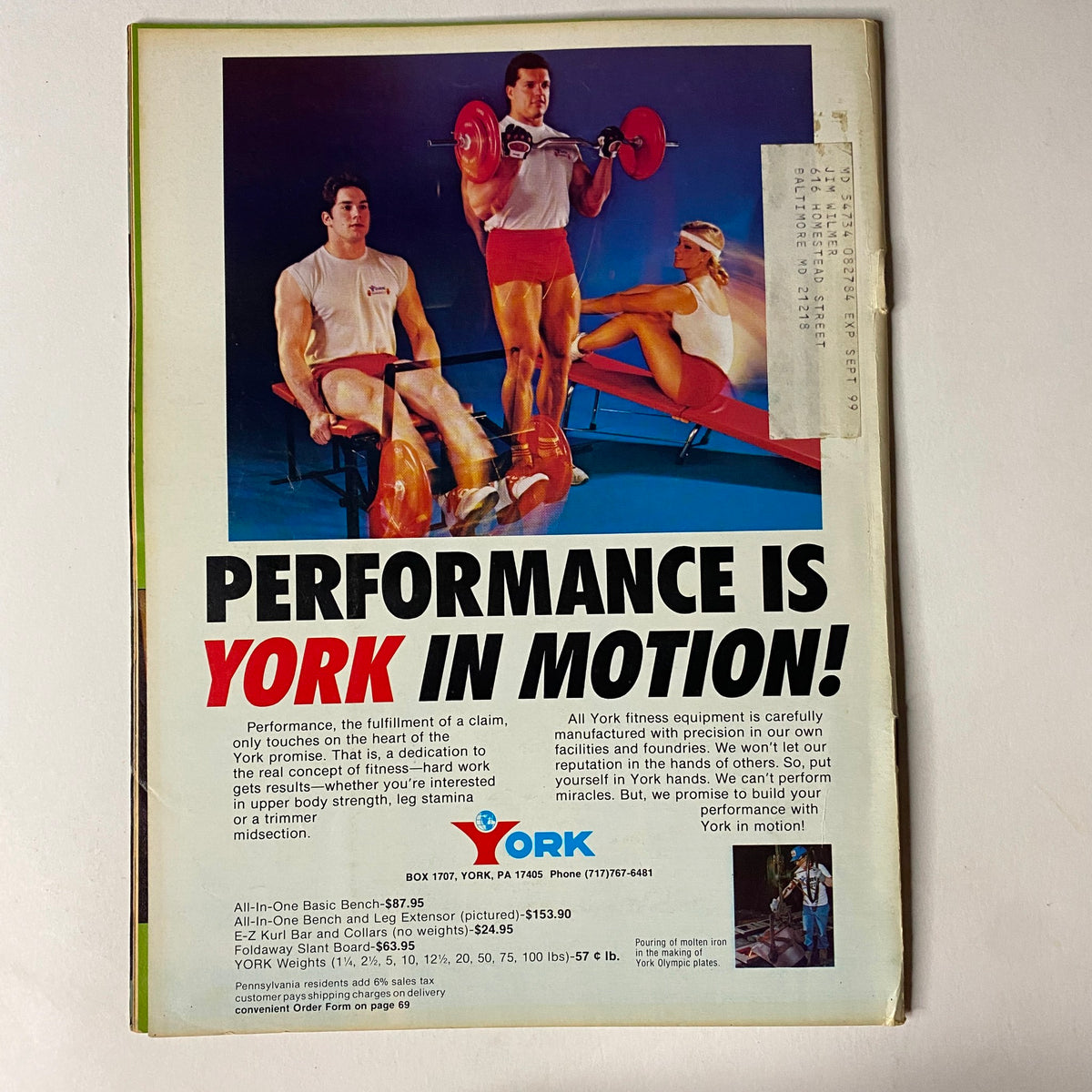 Back cover of Muscular Development Magazine November 1985 featuring an advertisement for York fitness equipment with the tagline 'Performance is York in Motion!'. The image highlights fitness training and equipment, showcasing individuals engaged in strength training activities.