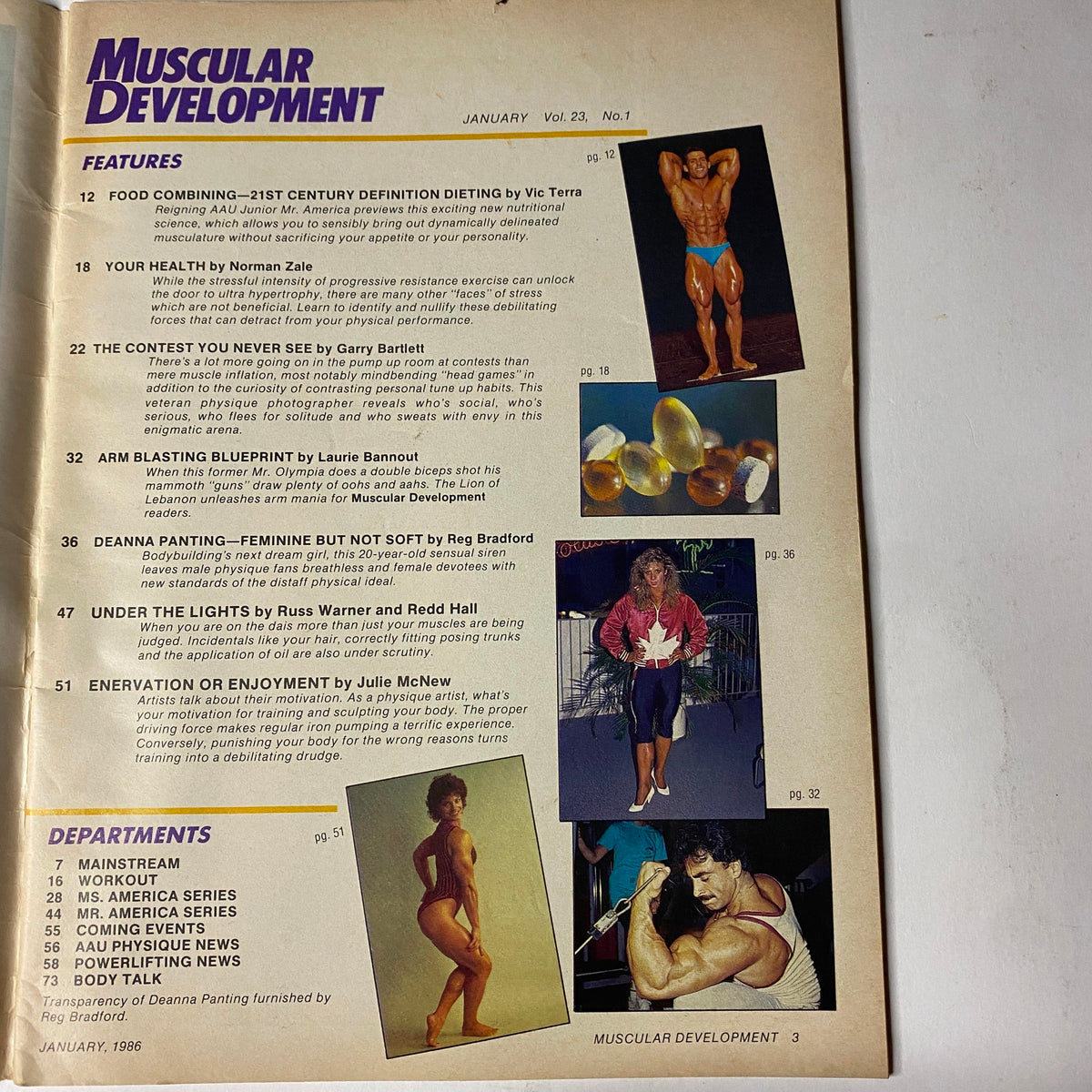 Interior page of Muscular Development Magazine, January 1986, Vol 23 No. 1, featuring article highlights including topics on dieting, health, and bodybuilding, with a focus on Deanna Panting.