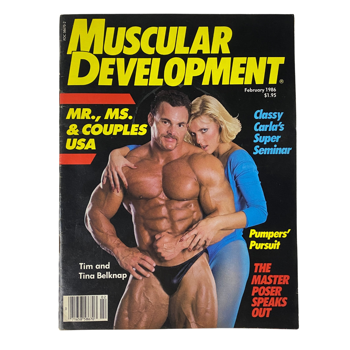 Cover of Muscular Development Magazine February 1986 featuring Tim and Tina Belknap, showcasing bodybuilding themes with headlines like 'Mr., Ms. & Couples USA' and 'Pumper's Pursuit.'