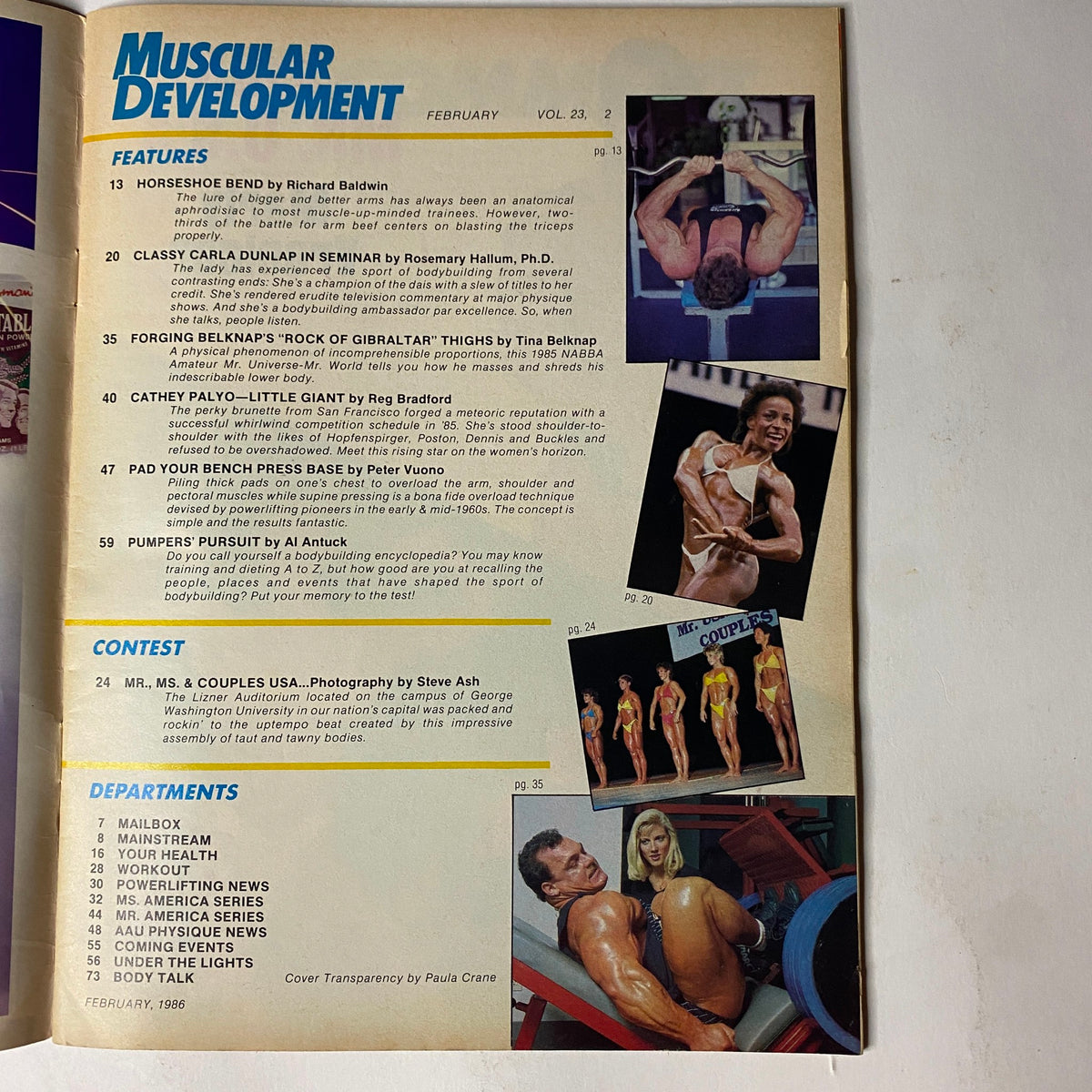 Table of contents page from Muscular Development Magazine February 1986, highlighting features such as 'Classy Carla's Super Seminar' and 'Forging Belknap's "Rock of Gibraltar" Thighs.'