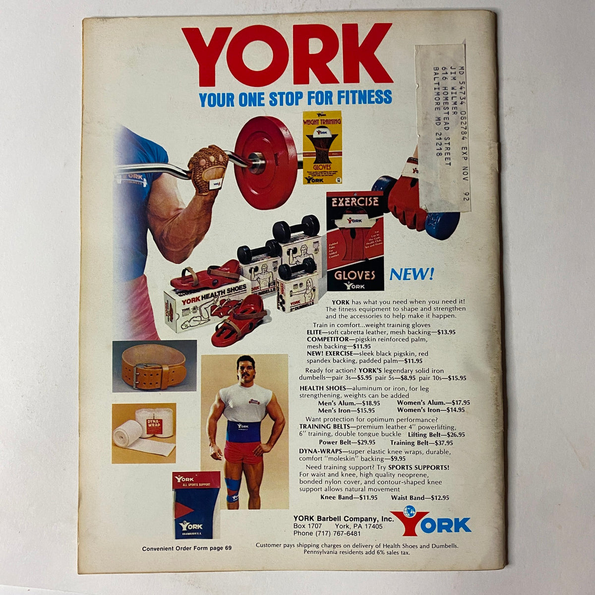 Back cover of Muscular Development Magazine February 1986 promoting York Fitness equipment, featuring a range of fitness products and accessories.