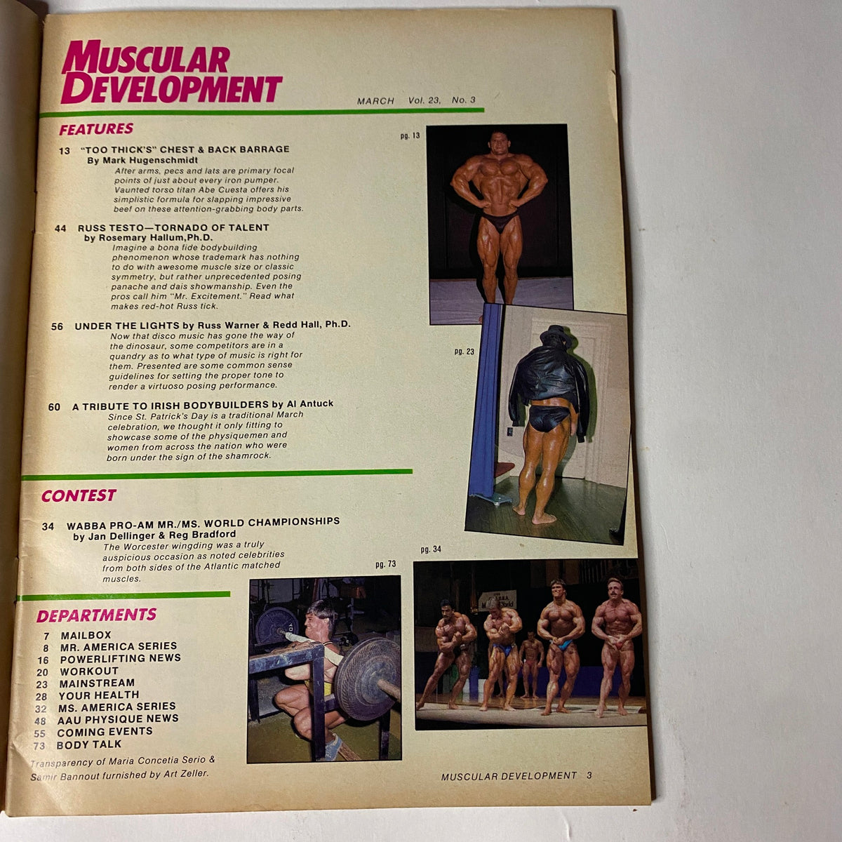 Table of Contents for Muscular Development Magazine March 1986 highlighting features such as 'Too Thick's Chest & Back Barrage' and 'Russ Testo—Tornado of Talent'.