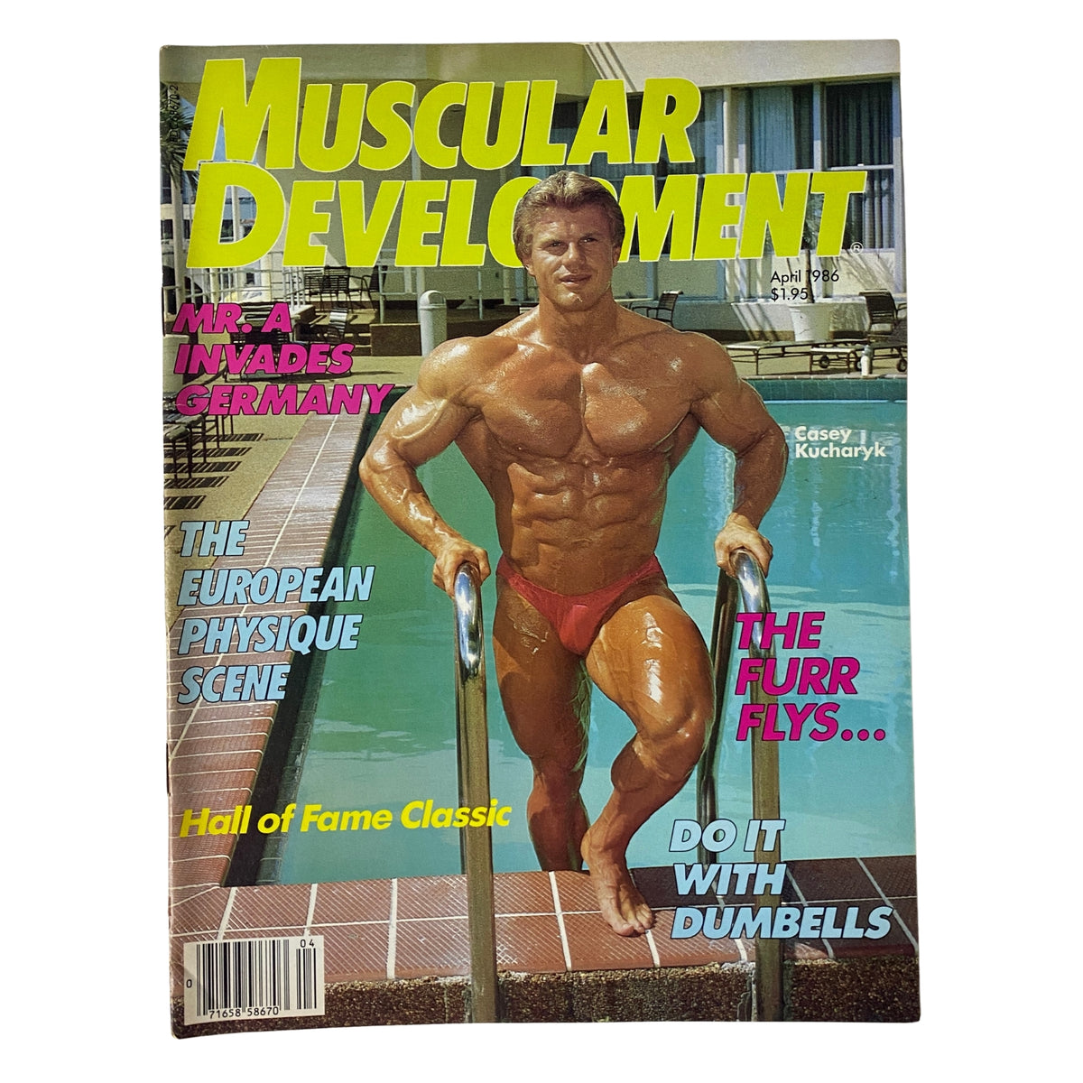 Cover of Muscular Development Magazine April 1986 Vol 23 No. 4 featuring Casey Kucharyk on the cover, showcasing bodybuilding themes with articles on German bodybuilding culture and training techniques.