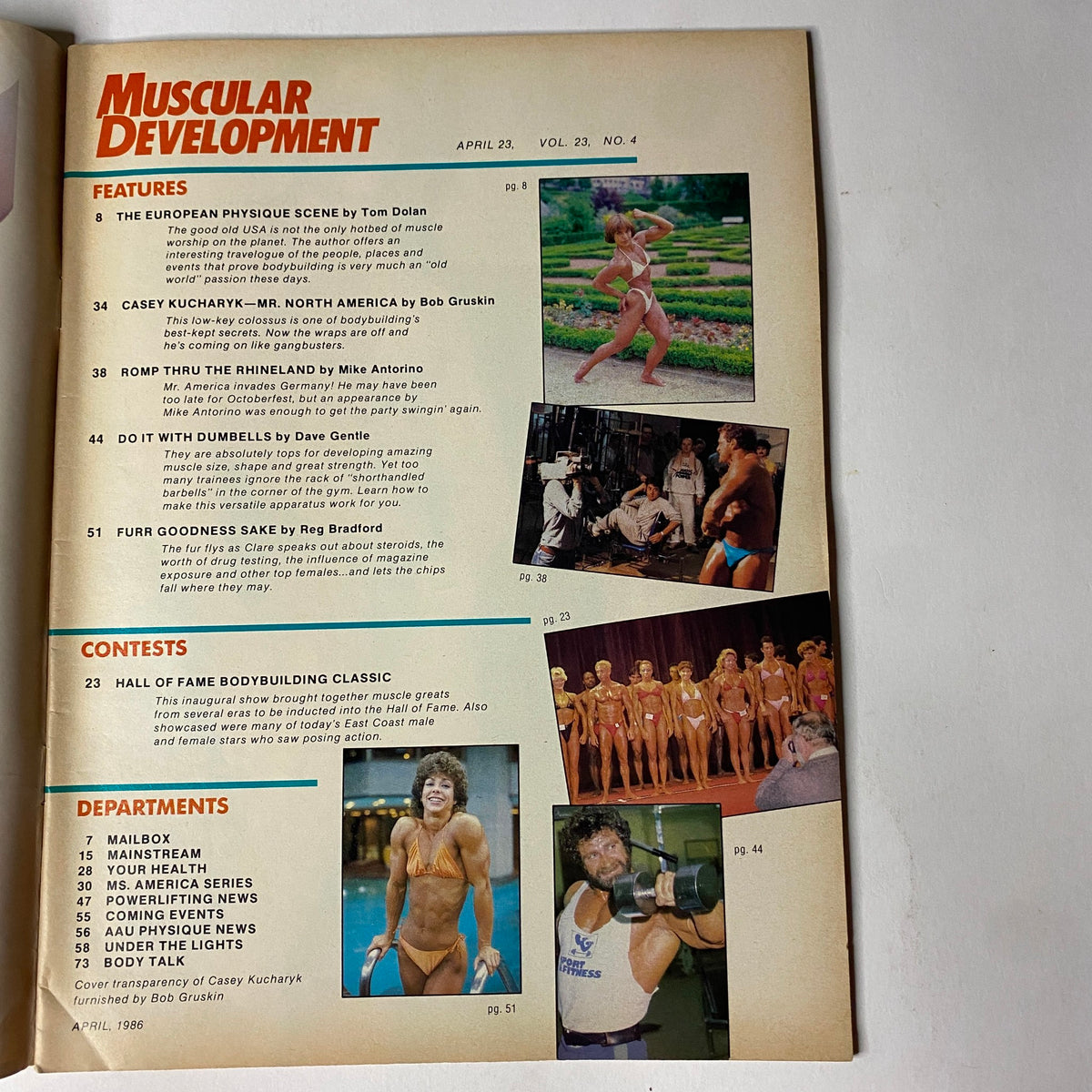 Table of contents page from Muscular Development Magazine April 1986 Vol 23 No. 4, listing features and highlights including Casey Kucharyk, the European physique scene, and the Hall of Fame Bodybuilding Classic.