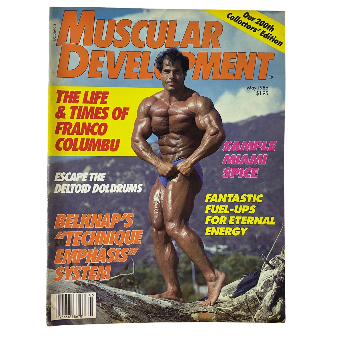 Cover of Muscular Development Magazine May 1986 Vol 23 No. 5 featuring Franco Columbu with a muscular physique posing. The cover highlights articles on bodybuilding techniques and fitness.