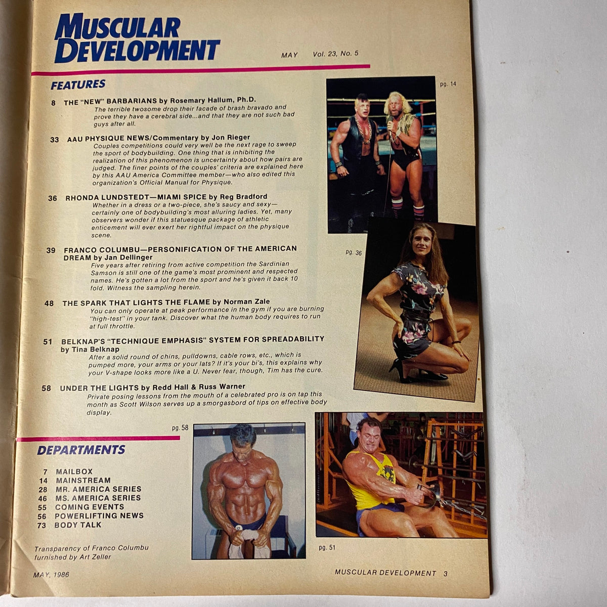Inside page of Muscular Development Magazine May 1986 Vol 23 No. 5 listing features including profiles of Franco Columbu and Rhonda Lundstedt, with photos of bodybuilders.