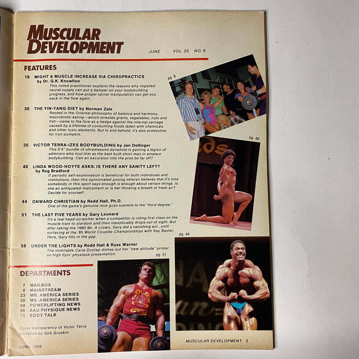 Cover page of Muscular Development Magazine June 1986 Vol 23 No. 6 featuring Victor Terra, alongside images of fitness enthusiasts and workout highlights. This issue covers topics such as chiropractic benefits in bodybuilding and Victor Terra's journey in the sport.