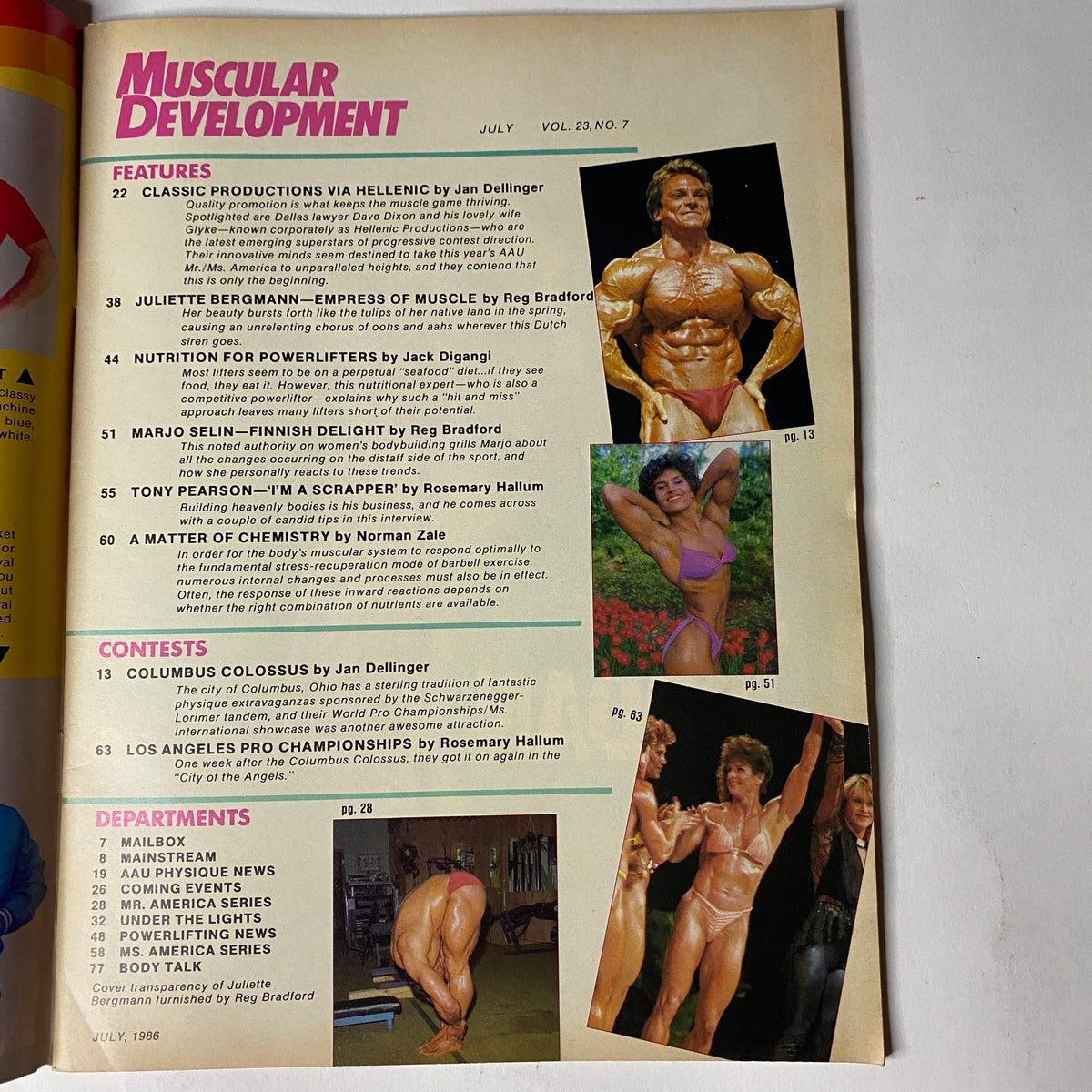 Table of contents page from Muscular Development Magazine July 1986, featuring articles on bodybuilding topics, including profiles of athletes and nutrition advice.