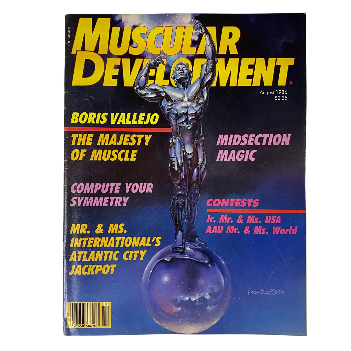 Cover of Muscular Development Magazine August 1986 Vol 23 No. 8 featuring a statue of a muscular figure and the text The Majesty of Muscle, highlighting bodybuilding and fitness culture.