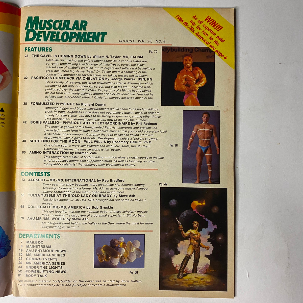 Inside page of Muscular Development Magazine August 1986 Vol 23 No. 8 showcasing the table of contents including features like The Gavel is Coming Down and Pacifico's Comeback via Chelation.