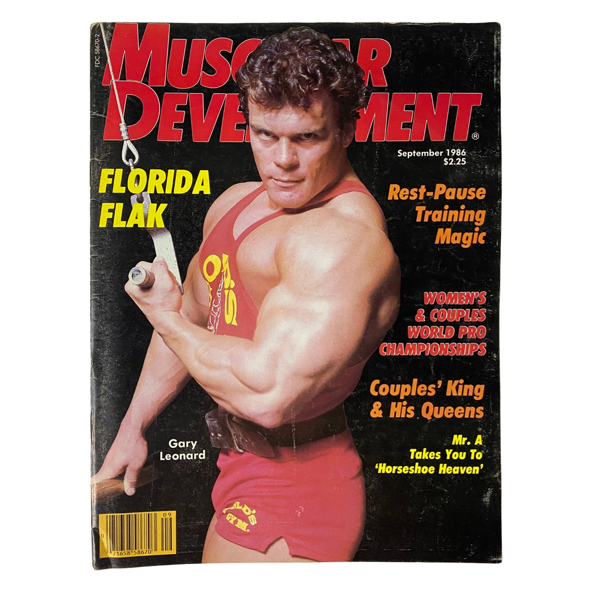 Cover of Muscular Development Magazine September 1986 Vol 23 No. 9 featuring Gary Leonard, showcasing the title 'FLORIDA FLAK', highlight on Rest-Pause Training Magic, and images of women's and couples world pro championships.