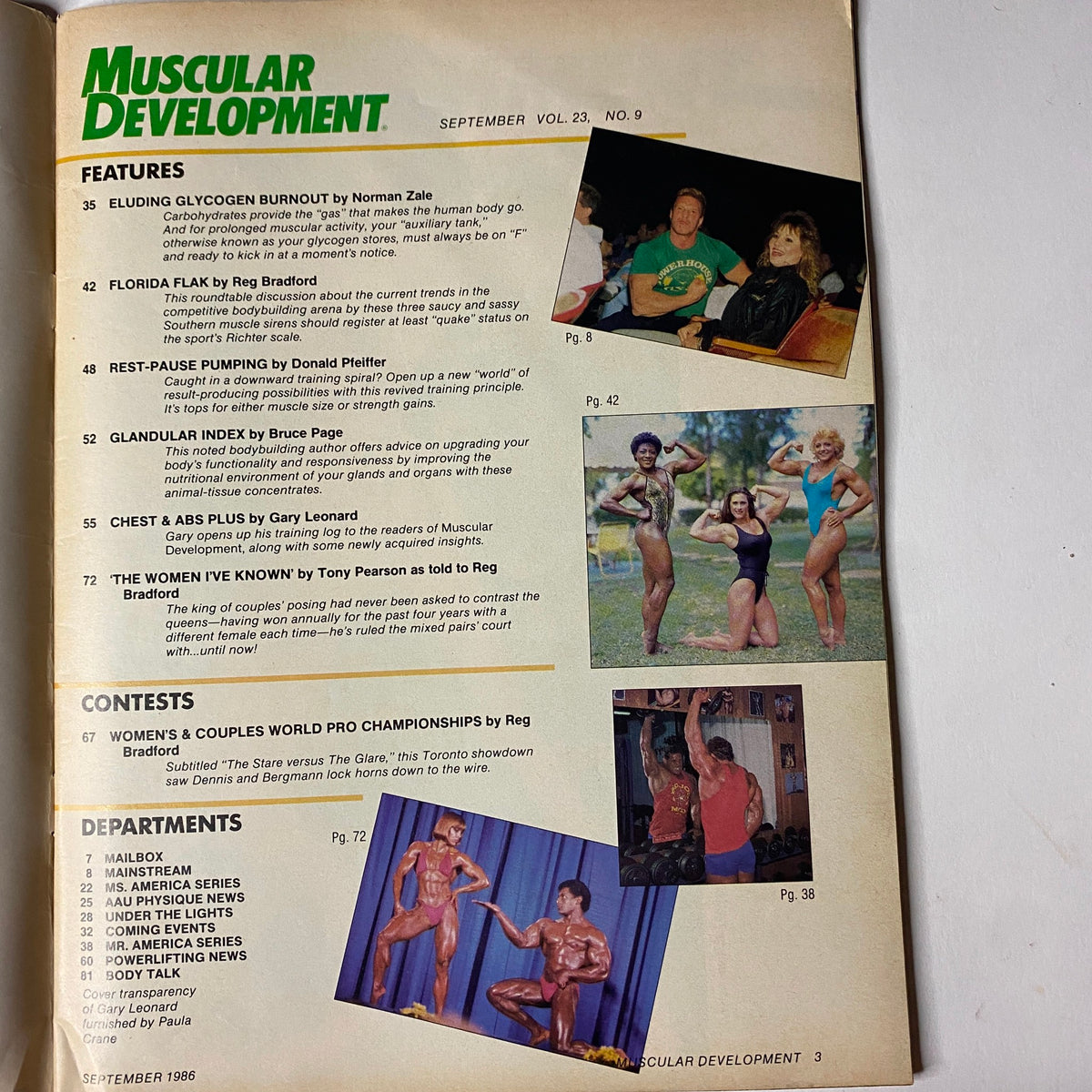 Inside page of Muscular Development Magazine September 1986 Vol 23 No. 9 displaying featured articles including Eluding Glycogen Burnout by Norman Zale, Rest-Pause Pumping by Donald Pfeiffer, and Glandular Index by Bruce Page, along with images from the Women's & Couples World Pro Championships.