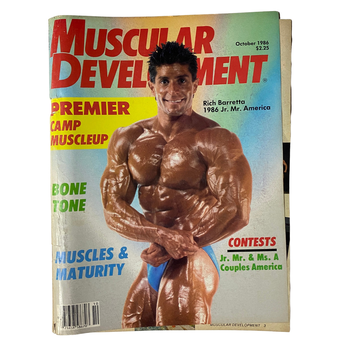 Muscular Development Magazine, October 1986, featuring Richard Barretta on the cover. The magazine highlights bodybuilding topics such as training, nutrition, and competition preparation.