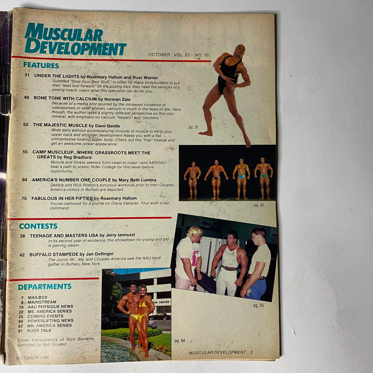 Table of contents from Muscular Development Magazine, October 1986, Vol. 23 No. 10. Lists features on bodybuilding training, nutrition, and profiles of notable athletes and events.