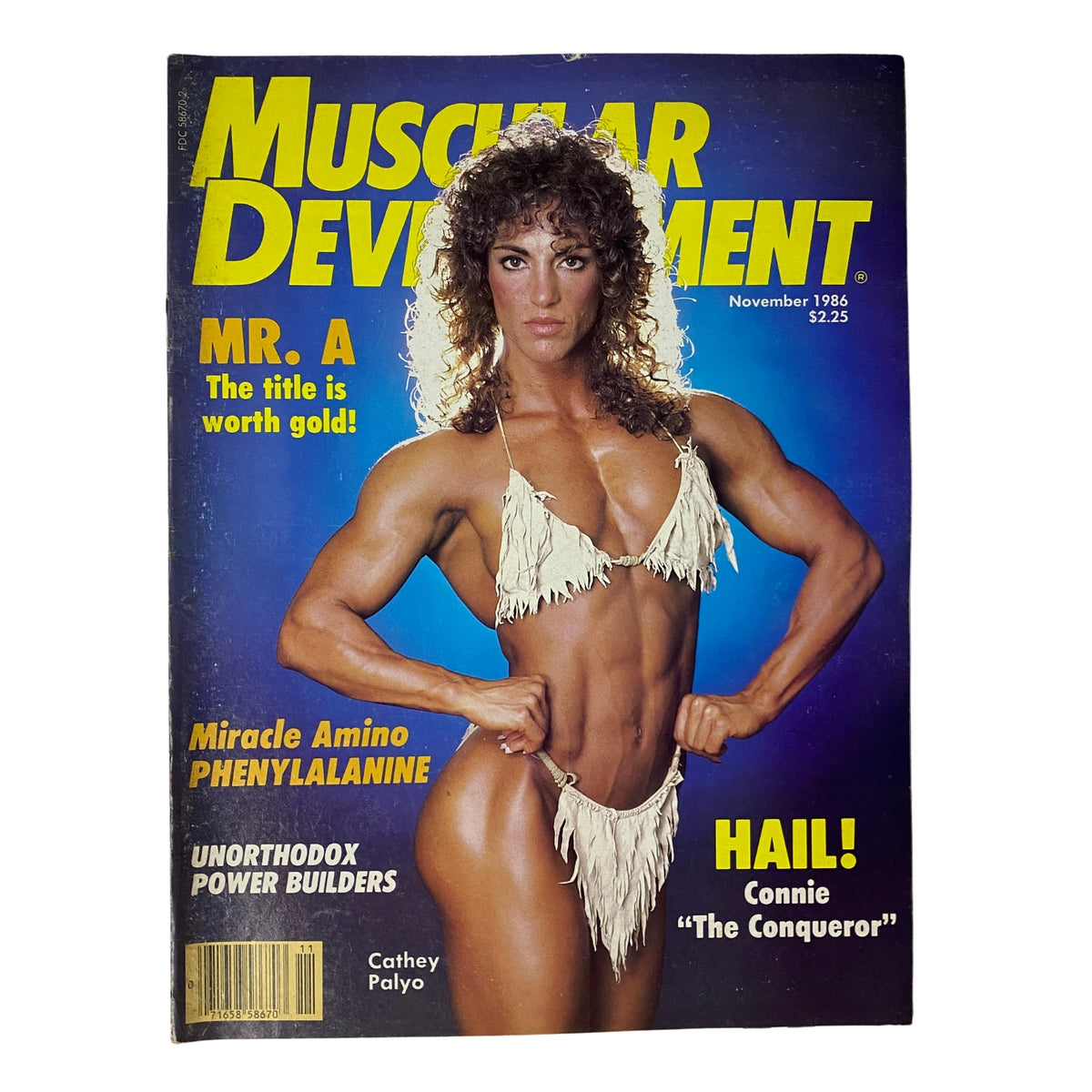 Muscular Development Magazine November 1986 Cover featuring Cathey Palyo in a striking pose, highlighting her impressive physique in a bikini; includes headlines like 'Mr. A The Title is Worth Gold,' 'Unorthodox Power Builders,' and 'Hail Connie The Conqueror.'