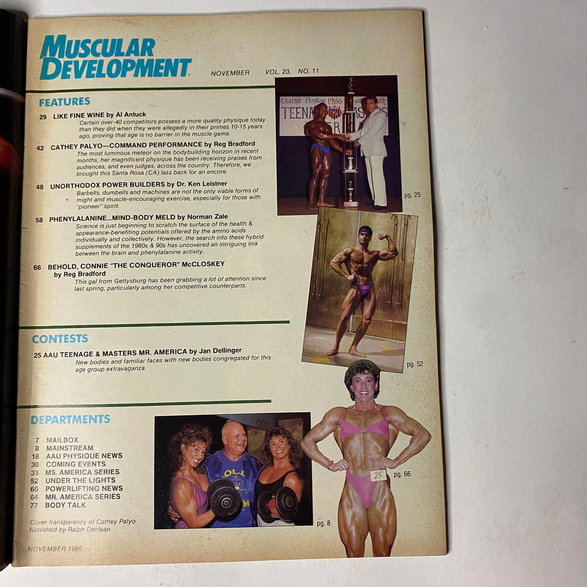 Muscular Development Magazine November 1986 Vol 23 No 11 featuring Cathey Palyo on the cover, showcasing articles about strength training, bodybuilding competitions, and health tips from established experts in fitness.