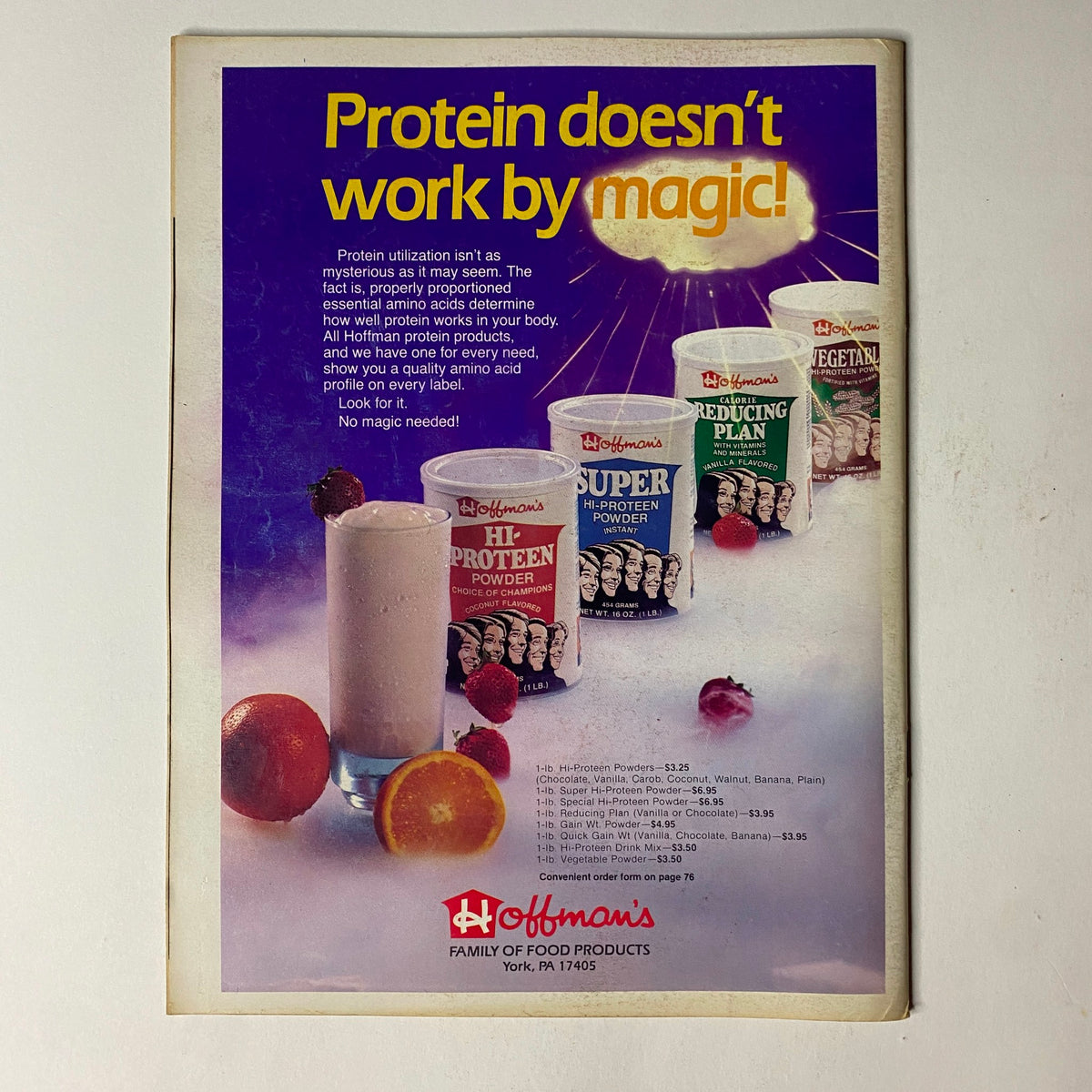 Back cover of Muscular Development Magazine November 1986 Vol 23 No 11 highlighting Hoffman's protein products, emphasizing the importance of protein in bodybuilding and competitive fitness.