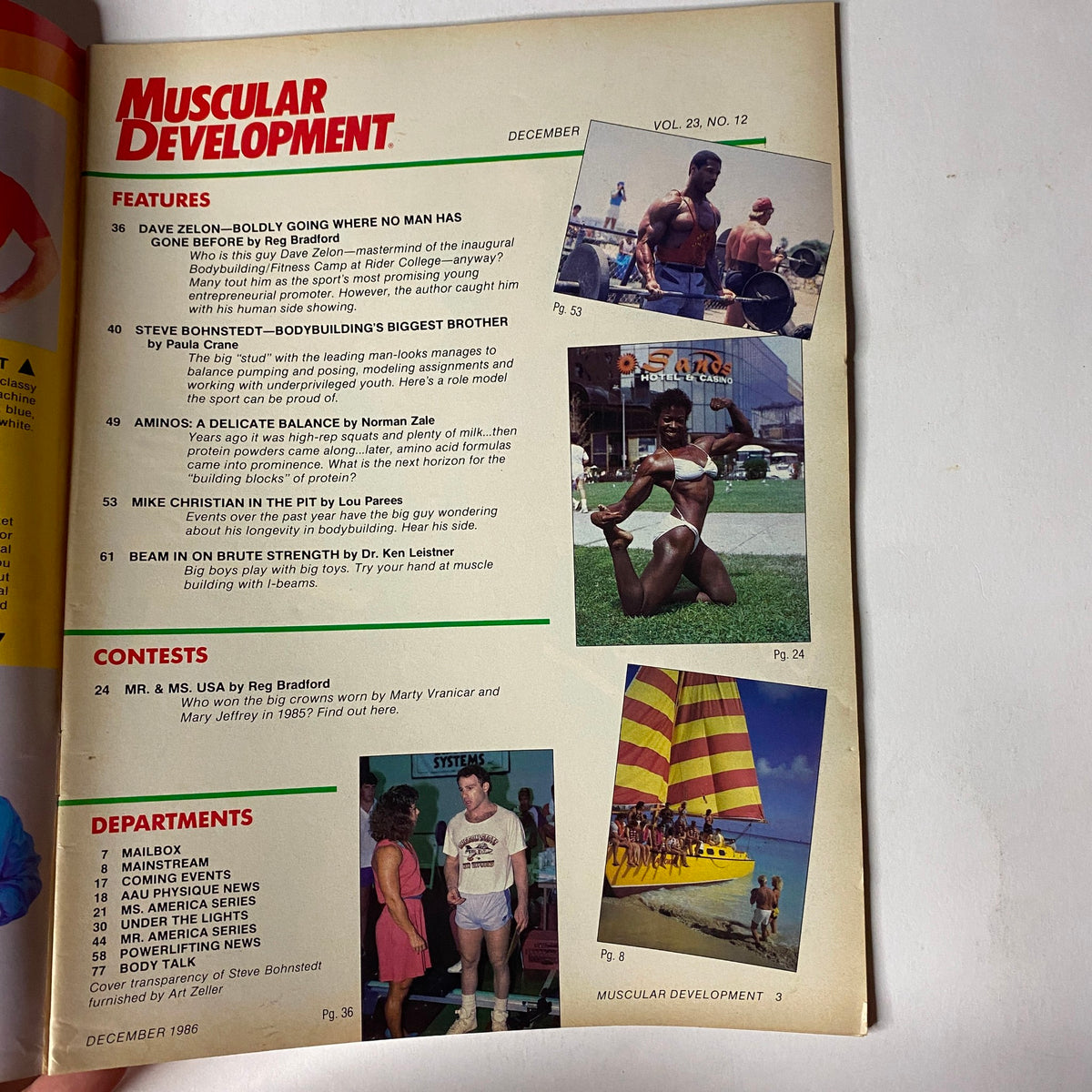 Table of Contents from Muscular Development Magazine December 1986 highlighting features such as bodybuilder Steve Bohnstedt and articles on protein progression and bodybuilding contests.