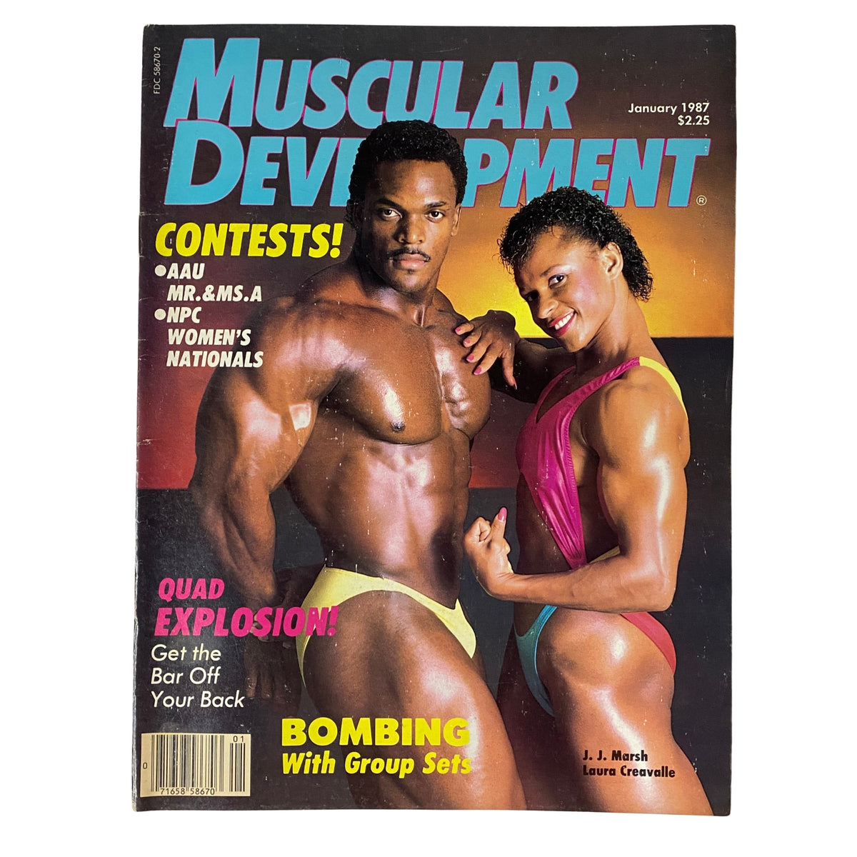 Cover of Muscular Development Magazine January 1987 featuring J.J. Marsh and Laura Creavalle, showcasing bodybuilding talent with vibrant colors and dynamic poses.
