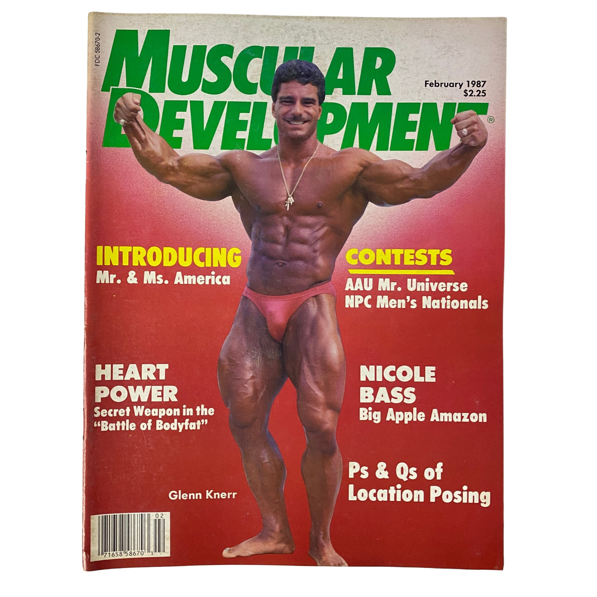 Muscular Development Magazine February 1987 featuring Glenn Knerr on the cover, showcasing his muscular physique and titles such as 'Introducing Mr. & Mrs. America' and 'Contests' with a vibrant background.