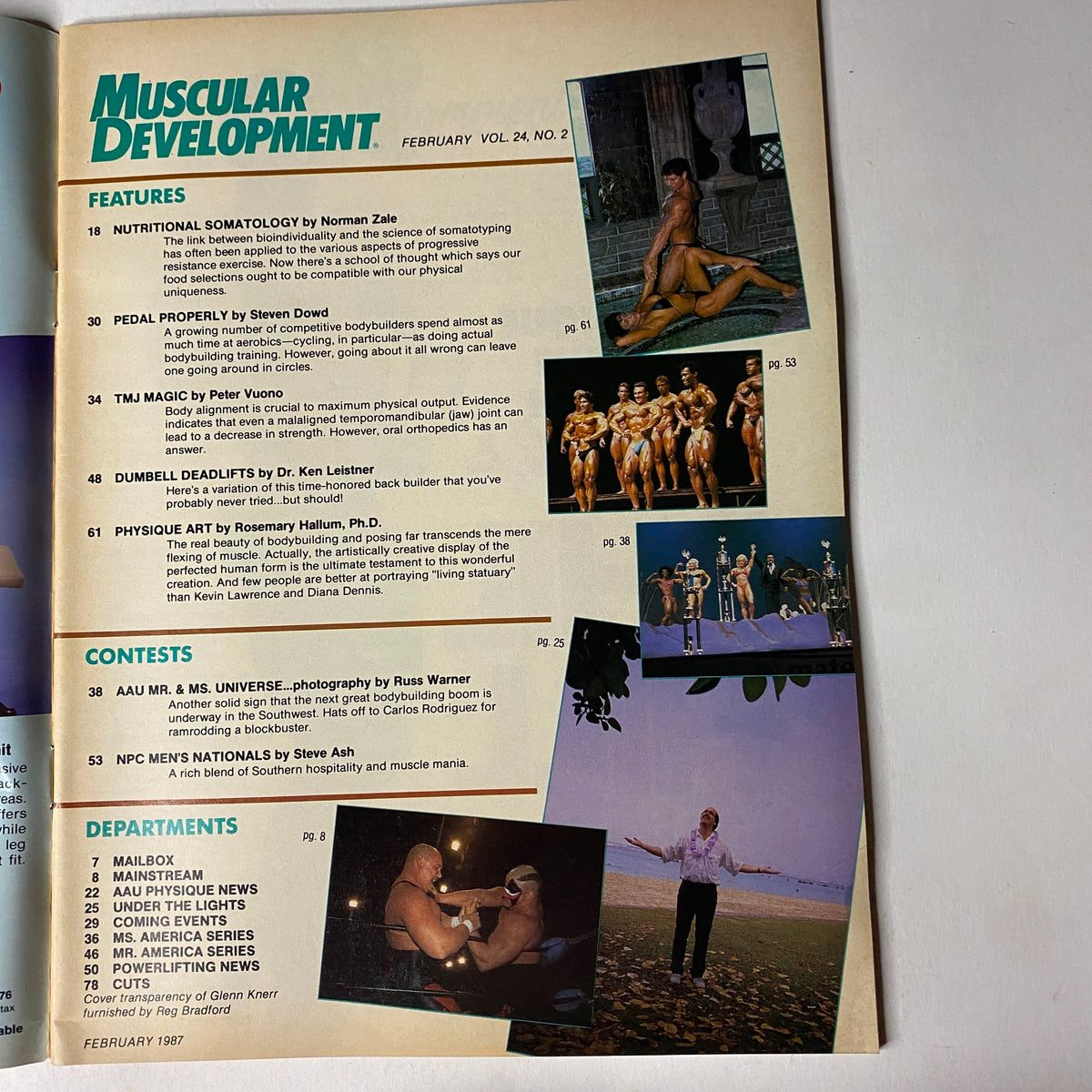 Interior page of Muscular Development Magazine February 1987 (Vol. 24 No. 2), displaying the table of contents with features on nutrition, training techniques, and contests, along with images of bodybuilders.