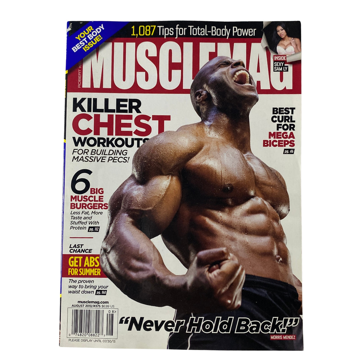 Cover of MuscleMag International Magazine August 2013 featuring Morris Mendez. The image displays muscular physique, showcasing tips for building a strong chest and biceps, along with fitness advice and workouts focused on body power.