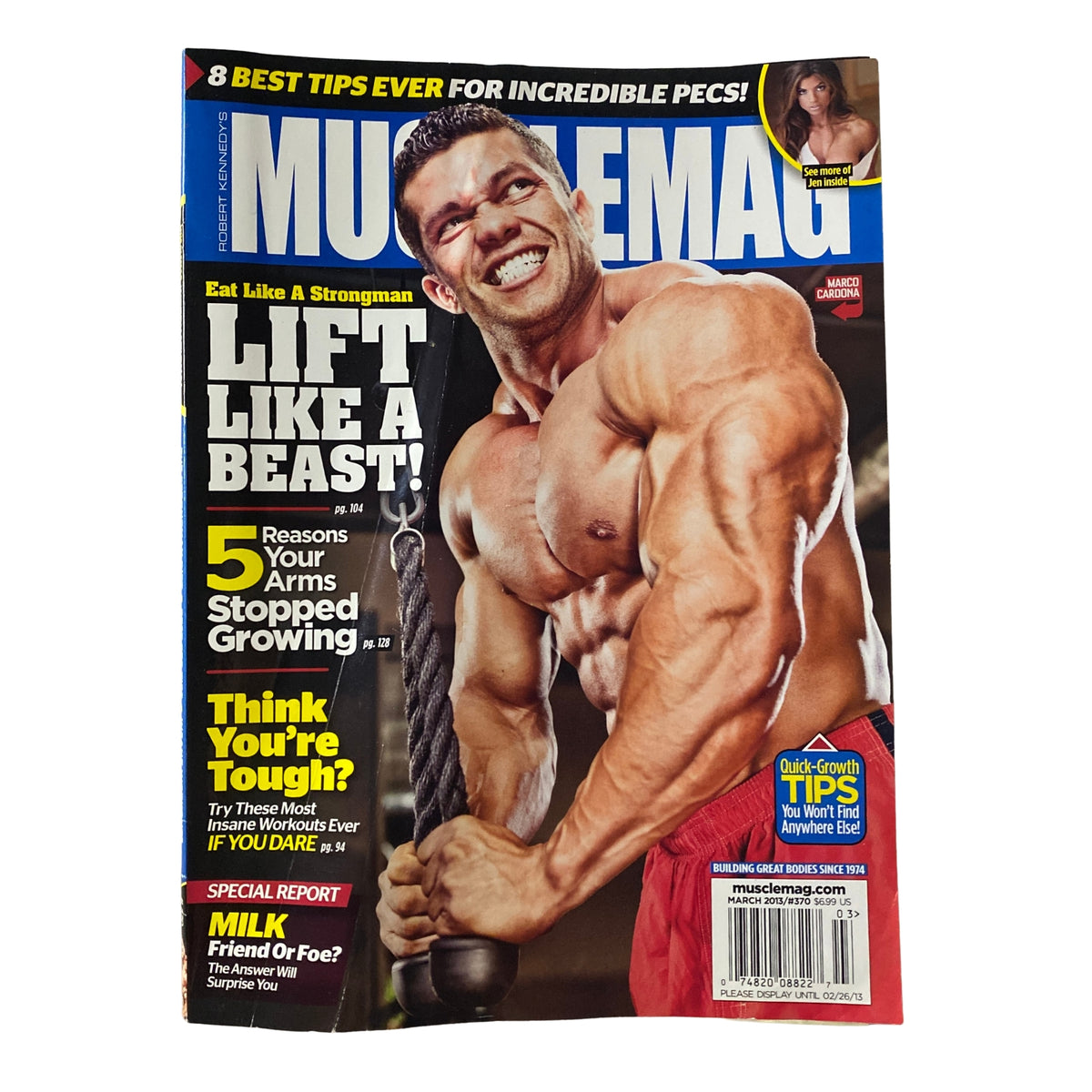 MuscleMag International Magazine March 2013 #370 featuring Marco Cardona. The cover showcases a muscular man demonstrating strength training, promoting fitness tips for building muscle and improving performance.