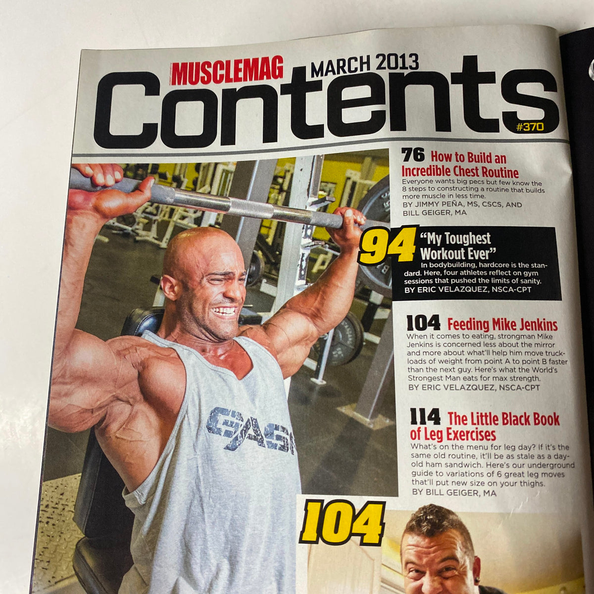 Contents page from MuscleMag International Magazine March 2013 #370, detailing featured articles including workout routines and nutrition tips aimed at bodybuilding enthusiasts.