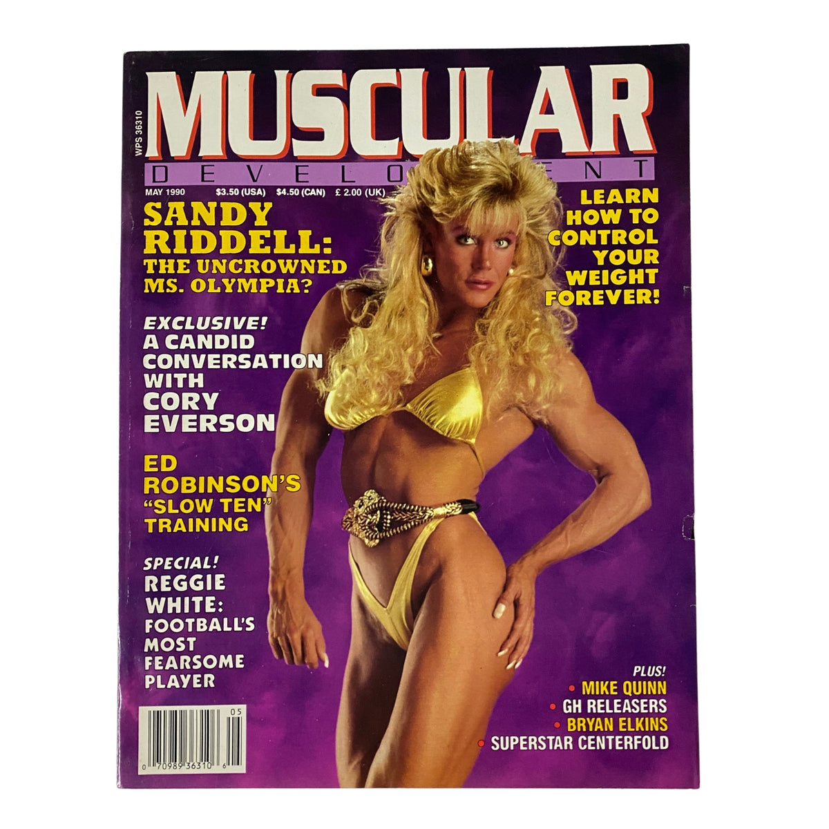 Muscular Development Magazine May 1990 cover featuring Sandy Riddell wearing a yellow bikini, known as 'The Uncrowned Ms. Olympia', showcasing bodybuilding culture.