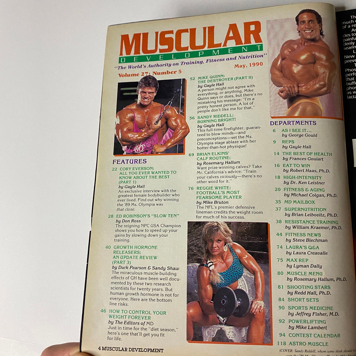 Inside page of Muscular Development Magazine May 1990 displaying featured articles, including Cory Everson and Ed Robinson's training methods, highlighting fitness and nutrition insights.