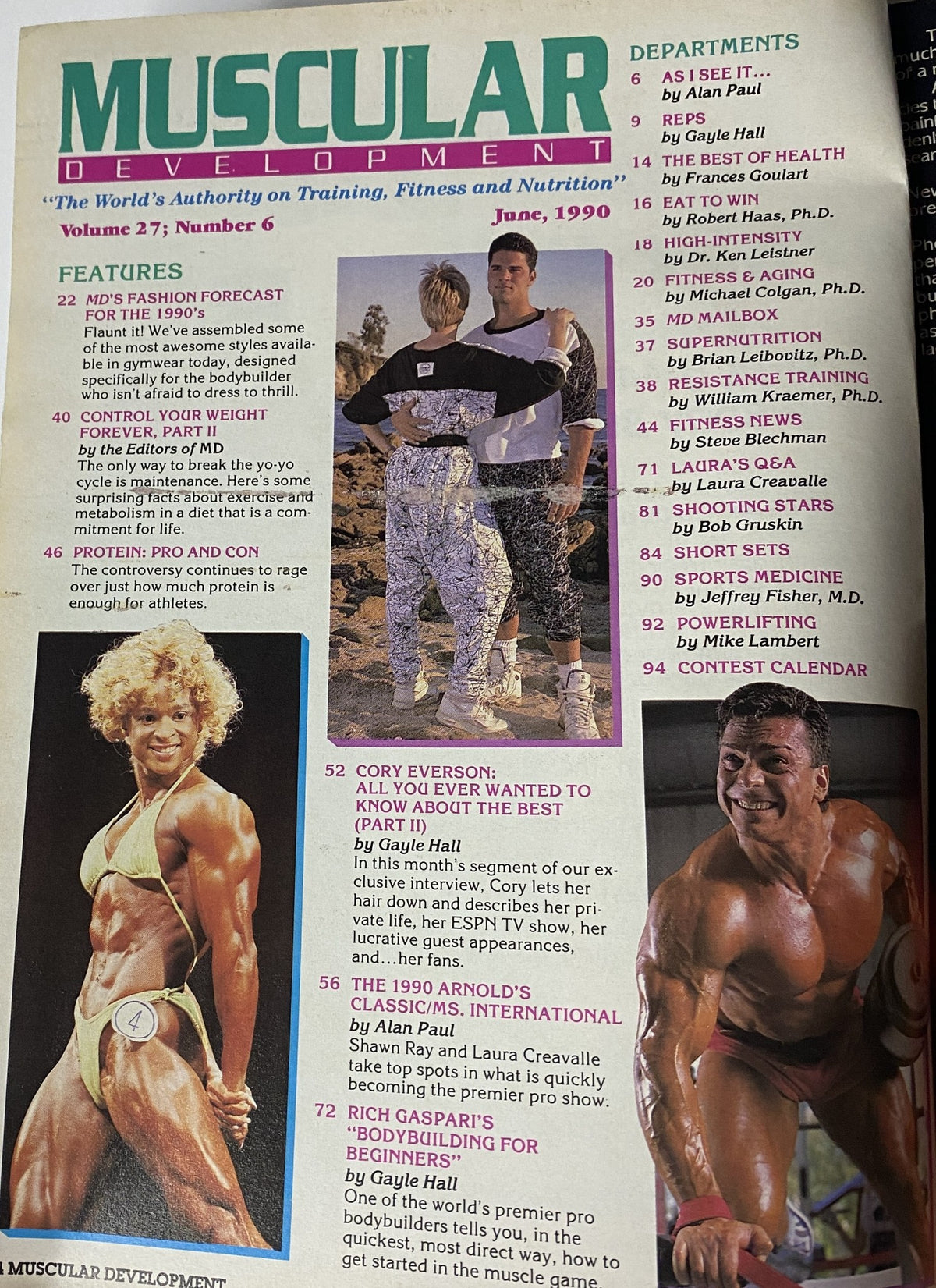 Interior page of Muscular Development Magazine June 1990 showcasing the table of contents with titles like 'Fashion Forecast for 1990s' & 'Cory Everson's Exclusive Interview'.