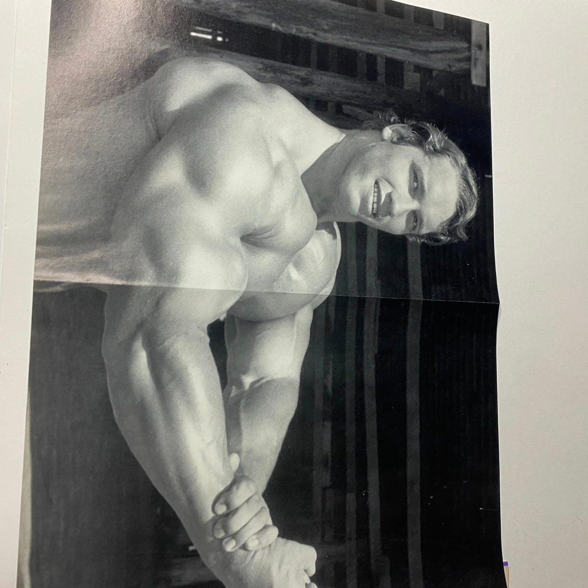 Second Arnold Schwarzenegger poster featured in Muscular Development Magazine July 1990, displaying Arnold flexing his muscles in a black and white photograph.