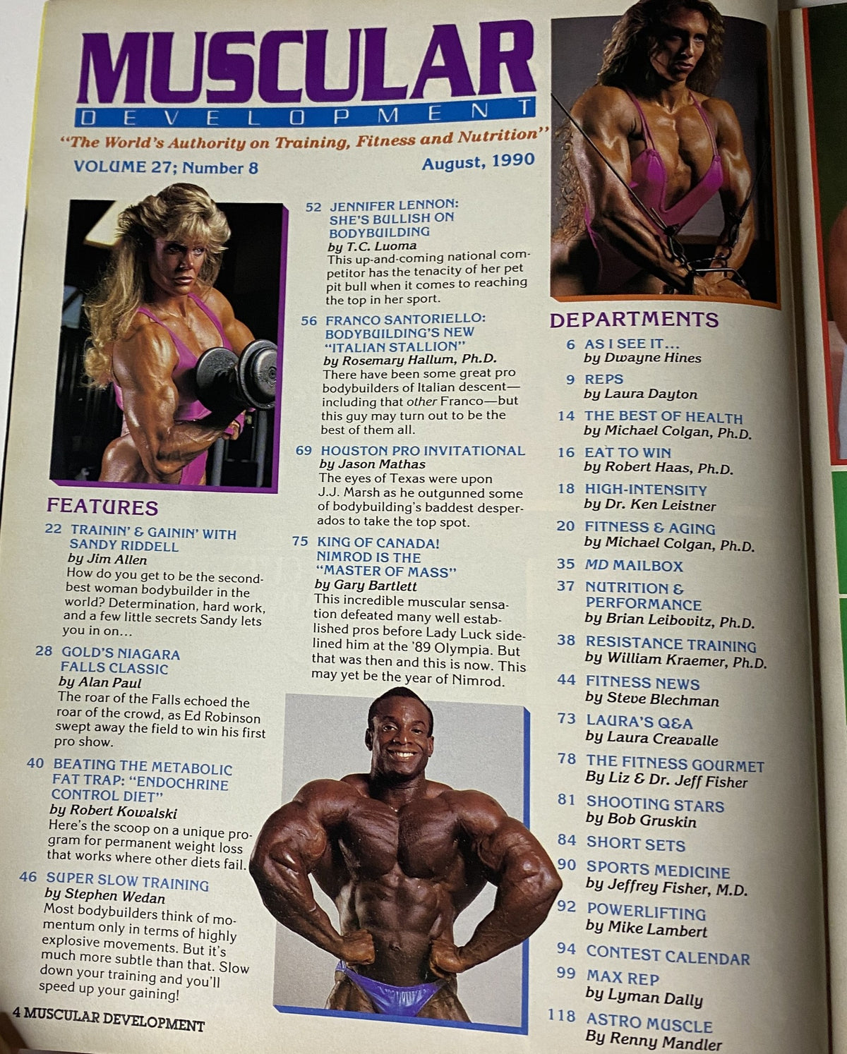 Inside page of Muscular Development Magazine August 1990 displaying features and articles, including Jennifer Lennon and Sandy Riddell. Highlights training methods and bodybuilding insights, reflecting the magazine's focus on fitness and nutrition.