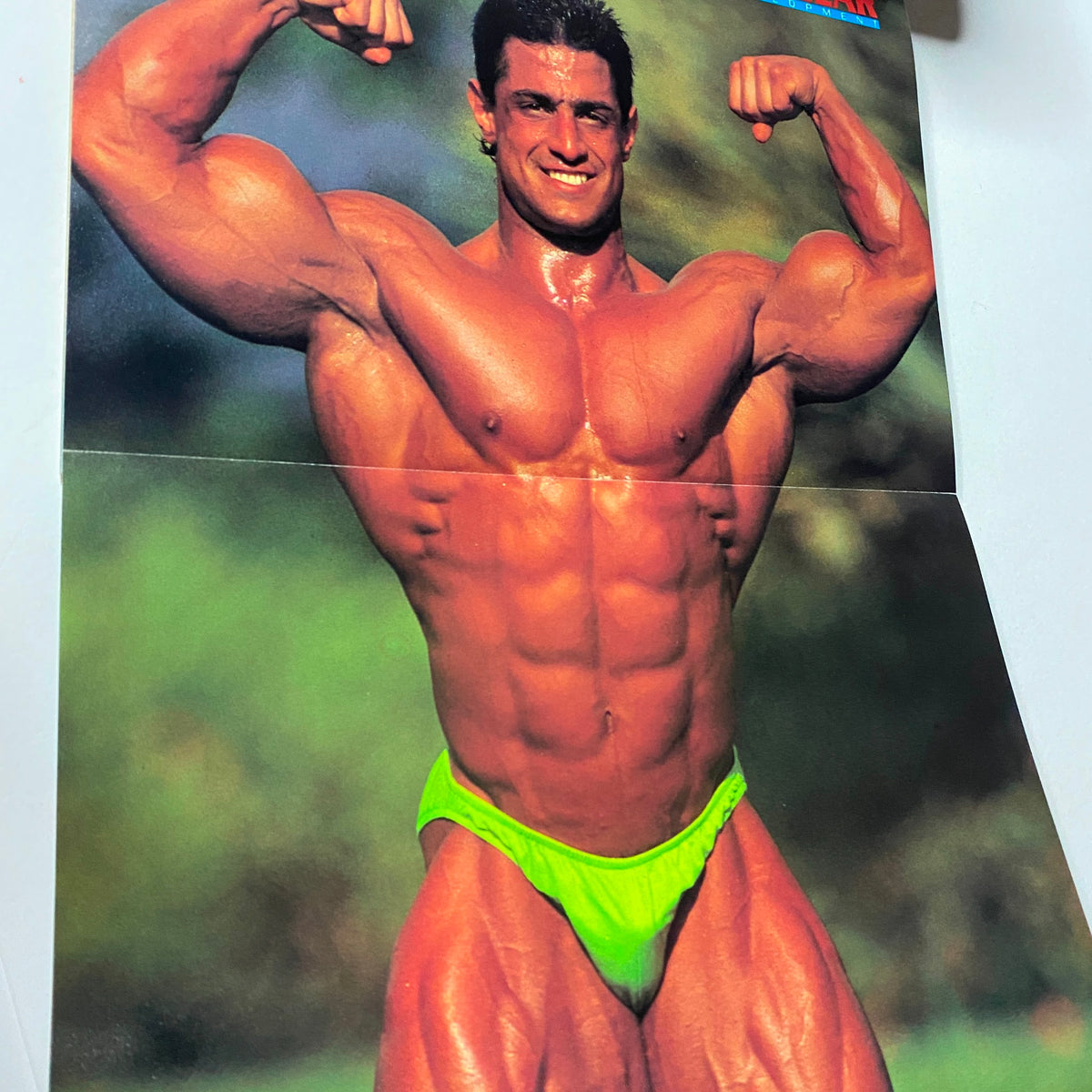 Centerfold poster from Muscular Development Magazine August 1990, featuring Franco Santoriello flexing his arms and showcasing his muscular physique. A vibrant representation of bodybuilding culture in the 1990s.