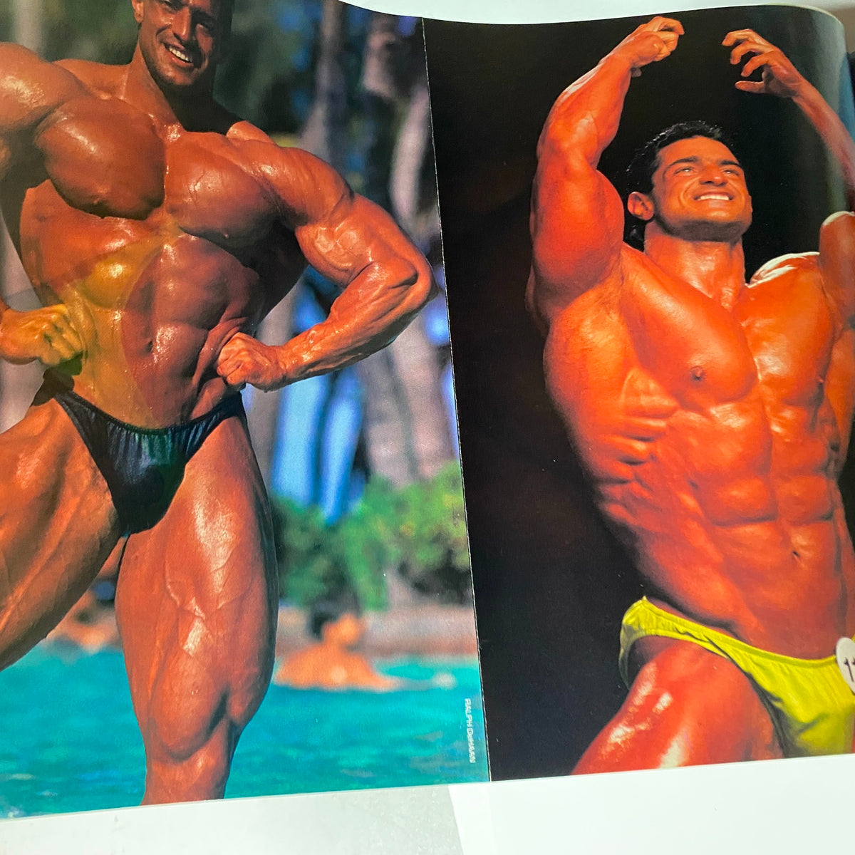 Muscular Development Magazine August 1990 featuring Franco Santoriello, showcasing two muscular bodybuilders posing with defined physiques, highlighting classic bodybuilding culture.