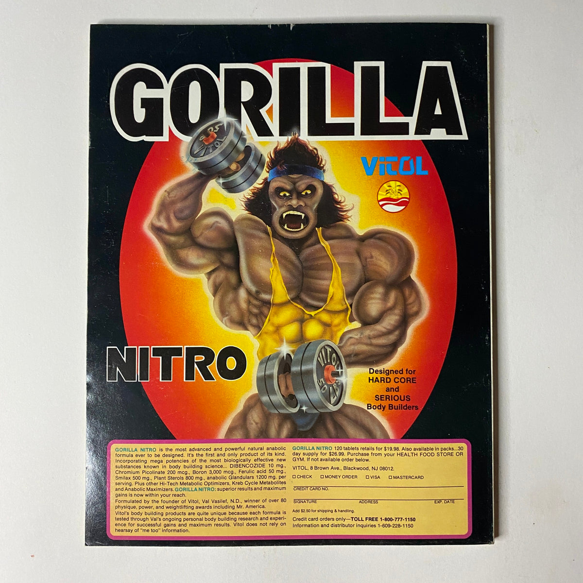 Gorilla Nitro Vitol advertisement for serious bodybuilders, featuring a cartoon gorilla lifting weights, promoting fitness and muscle building supplements.