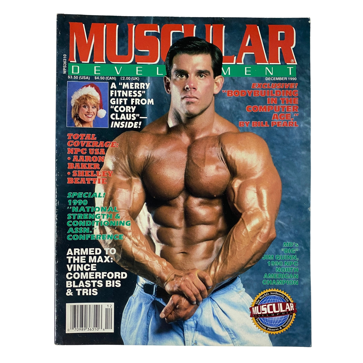 Muscular Development Magazine cover from December 1990 featuring Jim Quinn showcasing a muscular physique, highlighting articles on bodybuilding techniques and fitness trends.