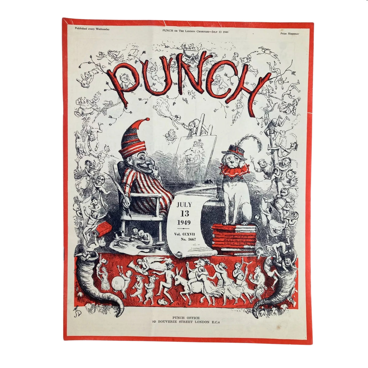 Punch Magazine July 13, 1949 – Vintage British Satire & Humor cover displaying artistic whimsicality and social commentary, part of the lot of 2 magazines from July 1949.