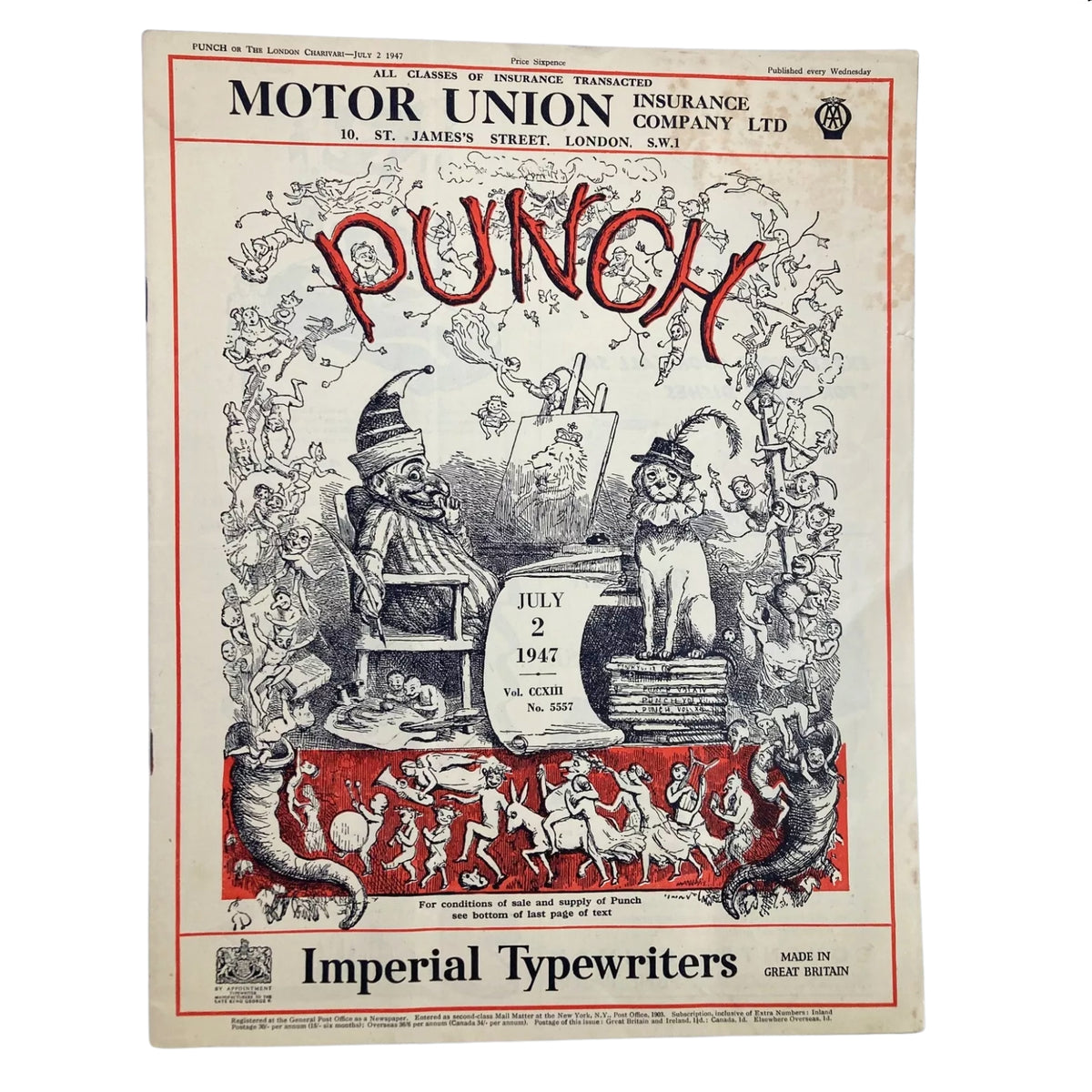 Punch Magazine cover from July 2, 1947, featuring vintage British satire and humor with whimsical illustrations and advertisements.