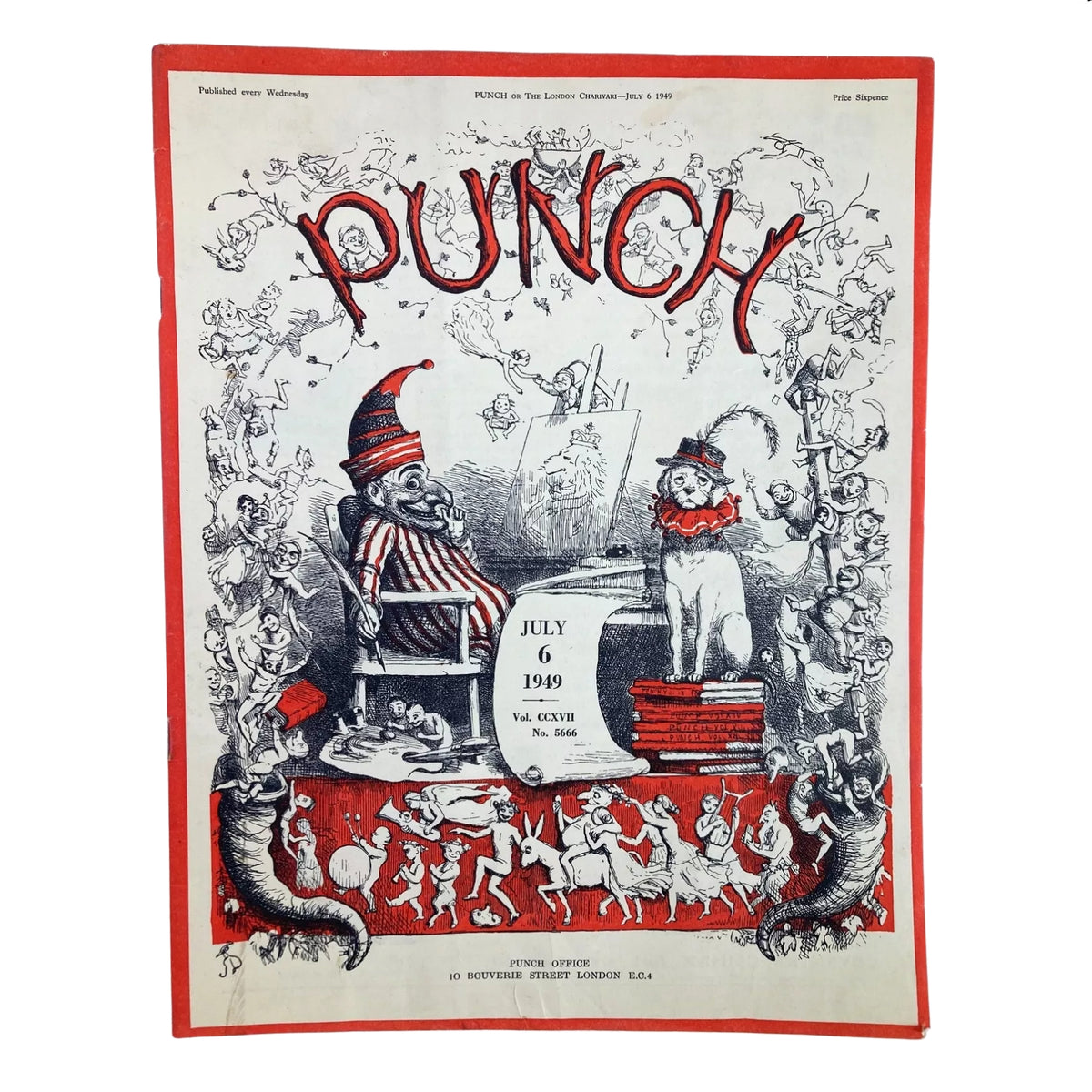 Punch Magazine July 6, 1949 – Vintage British Satire & Humor cover featuring whimsical illustrations and characters, capturing the essence of British society post-World War II.