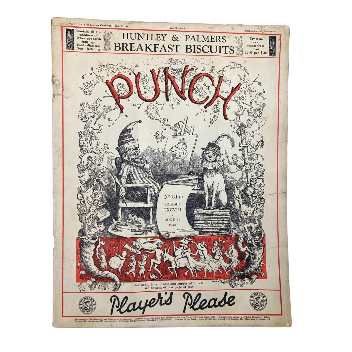 Punch Magazine Cover from June 12, 1940, showing whimsical illustrations and characters, part of the Lot of 10 Punch Magazines – WWII Era British Satire & Cartoons.